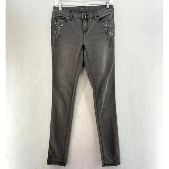 Cache Skinny Jeans Women's Sz 2 Gray Studded Rhinestone Slim Fit Stretch Denim - Picture 1 of 11